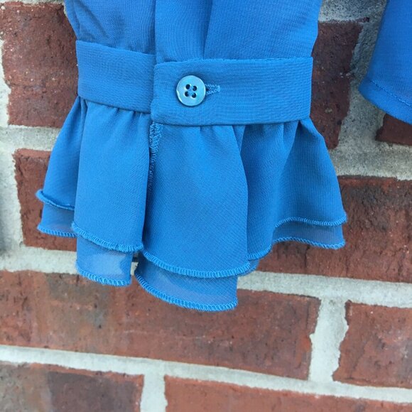 Sheer Feminine Blouse Teal Blue Medium Romantic Regal Ruffle - Picture 9 of 16